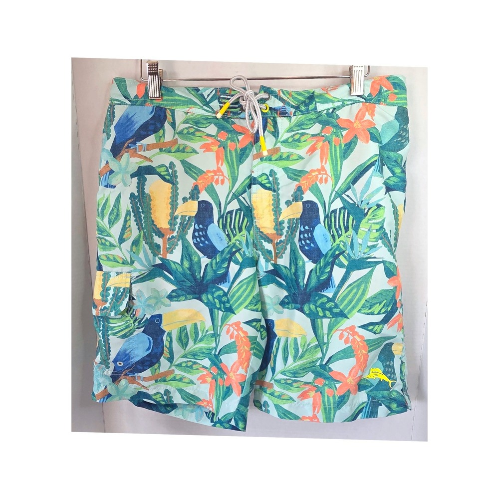 Tommy Bahama Baja Soaring Fronds Boardshorts Toucan Tropical Green Blue SZ L 9"